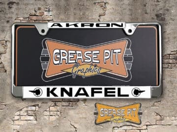 A vintage style reproduction dealership license plate frame for the Knafel Pontiac dealership of Akron, Ohio. This reproduction dealership license plate frame will look great bolted on to your Classic Pontiac whether it's a Cruiser, a Hot Rod or a Muscle Car.