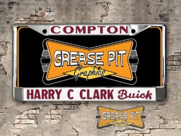 A vintage style reproduction dealership license plate frame for the Harry C Clark Buick dealership of Compton. This reproduction dealership license plate frame will look great bolted on to your Classic Buick whether it's a Cruiser, a Hot Rod or a Muscle Car.