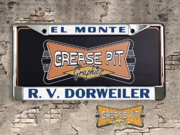 A vintage style reproduction dealership license plate frame for the R.V. Dorweiler Chevrolet dealership of El Monte, California . This reproduction dealership license plate frame will look great bolted on to your Classic Chevy whether it’s a Cruiser, a Hot Rod or a Muscle Car.