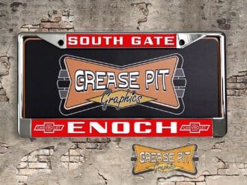 A vintage style reproduction dealership license plate frame for the Enoch Chevrolet dealership of South Gate. This reproduction dealership license plate frame will look great bolted on to your Classic Chevy whether it’s a Cruiser, a Hot Rod or a Muscle Car.