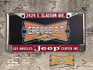 A vintage style reproduction dealership license plate frame for the Los Angeles Jeep Center dealership of Huntington Park. This reproduction dealership license plate frame will look great bolted on to your Classic Jeep whether it’s a Cruiser or a Hot Rod.