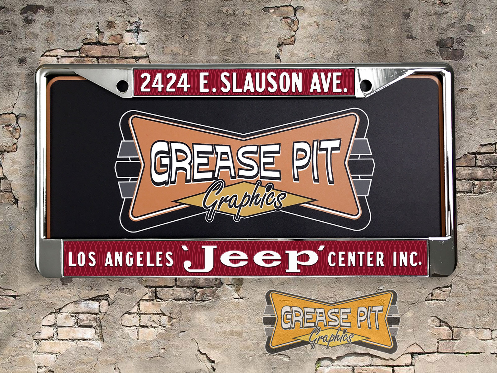 A vintage style reproduction dealership license plate frame for the Los Angeles Jeep Center dealership of Huntington Park. This reproduction dealership license plate frame will look great bolted on to your Classic Jeep whether it’s a Cruiser or a Hot Rod.