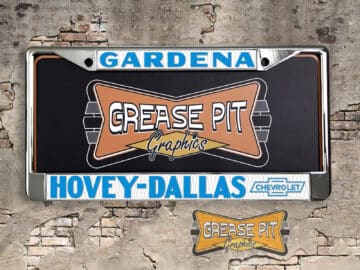A vintage style reproduction dealership license plate frame for the Hovey Dallas Chevrolet dealership of Gardenia . This reproduction dealership license plate frame will look great bolted on to your Classic Chevy whether it’s a Cruiser, a Hot Rod or a Muscle Car.