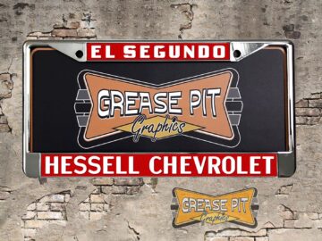 A vintage style reproduction dealership license plate frame for the Hessell Chevrolet dealership of El Segundo. This reproduction dealership license plate frame will look great bolted on to your Classic Chevy whether it’s a Cruiser, a Hot Rod or a Muscle Car.
