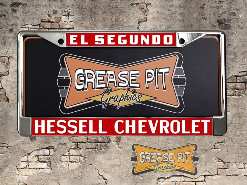 A vintage style reproduction dealership license plate frame for the Hessell Chevrolet dealership of El Segundo. This reproduction dealership license plate frame will look great bolted on to your Classic Chevy whether it’s a Cruiser, a Hot Rod or a Muscle Car.