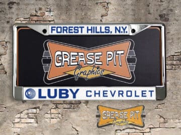 A vintage style reproduction dealership license plate frame for the Luby Chevrolet dealership of Forest Hills, New York . This reproduction dealership license plate frame will look great bolted on to your Classic Chevy whether it’s a Cruiser, a Hot Rod or a Muscle Car.