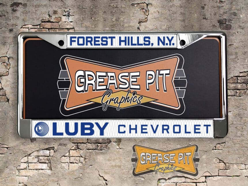 A vintage style reproduction dealership license plate frame for the Luby Chevrolet dealership of Forest Hills, New York . This reproduction dealership license plate frame will look great bolted on to your Classic Chevy whether it’s a Cruiser, a Hot Rod or a Muscle Car.