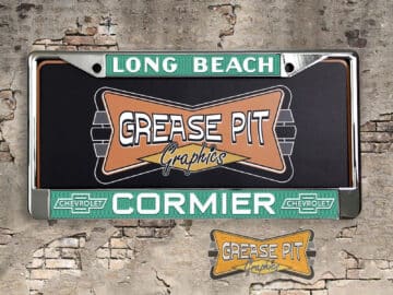 A vintage style reproduction dealership license plate frame for the Cormier Chevrolet dealership of Long Beach, California . This reproduction dealership license plate frame will look great bolted on to your Classic Chevy whether it’s a Cruiser, a Hot Rod or a Muscle Car.