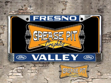 A vintage style reproduction dealership license plate frame for the Valley Ford dealership of Fresno.
