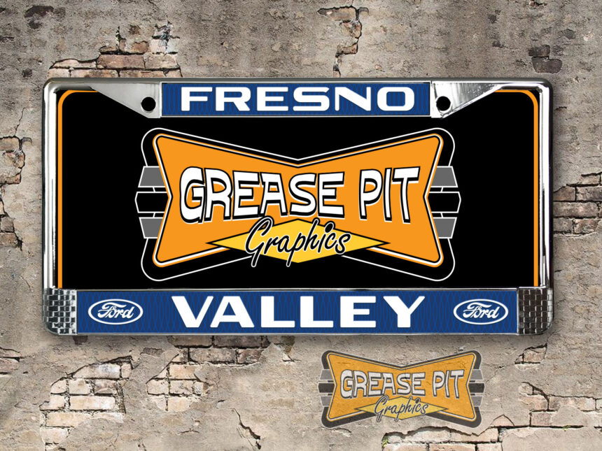 A vintage style reproduction dealership license plate frame for the Valley Ford dealership of Fresno.