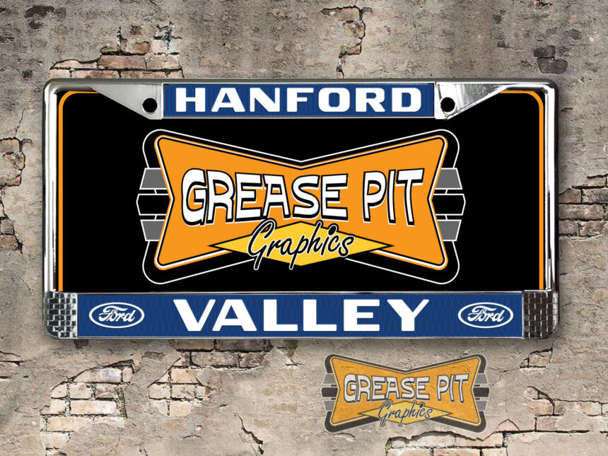 A vintage style reproduction dealership license plate frame for the Valley Ford dealership of Hanford.