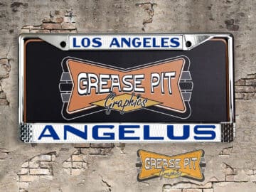 A vintage style reproduction dealership license plate frame for the Angelus Chevrolet dealership of Los Angeles California . This reproduction dealership license plate frame will look great bolted on to your Classic Chevy whether it’s a Cruiser, a Hot Rod or a Muscle Car.