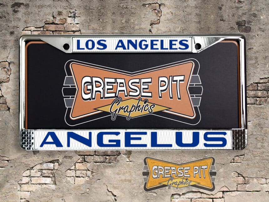 A vintage style reproduction dealership license plate frame for the Angelus Chevrolet dealership of Los Angeles California . This reproduction dealership license plate frame will look great bolted on to your Classic Chevy whether it’s a Cruiser, a Hot Rod or a Muscle Car.