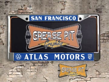 A newly produced vintage style Atlas Motors San Francisco California reproduction dealership license plate frame for your Hot Rod, Vintage Classic car, or Muscle car.