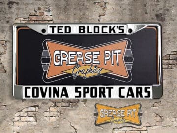 A newly produced vintage style Ted Block's Covina Sport Cars reproduction dealership license plate frame for your Classic Sports Car.