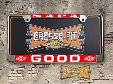 A vintage style reproduction dealership license plate frame for the Good Chevrolet dealership of Napa, California
