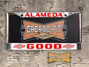 A vintage style reproduction Good Chevrolet license plate frame from the defunct dealership of Alameda, California . This reproduction dealership license plate frame will look great bolted on to your Classic Chevy whether it’s a Cruiser, a Hot Rod or a Muscle Car.
