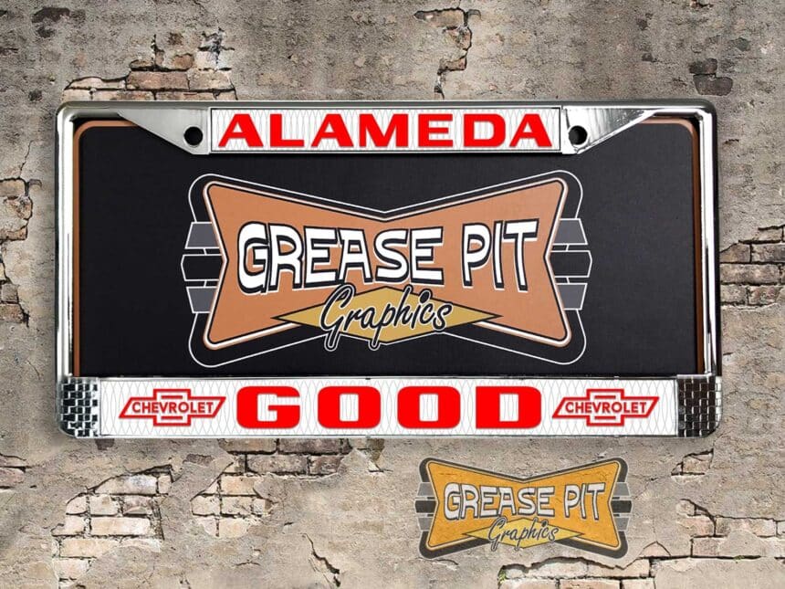 A vintage style reproduction Good Chevrolet license plate frame from the defunct dealership of Alameda, California . This reproduction dealership license plate frame will look great bolted on to your Classic Chevy whether it’s a Cruiser, a Hot Rod or a Muscle Car.