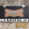 A vintage style reproduction dealership license plate frame for the Capitol Chevrolet dealership of Sacramento. This reproduction dealership license plate frame will look great bolted on to your Classic Chevy whether it’s a Cruiser, a Hot Rod or a Muscle Car.