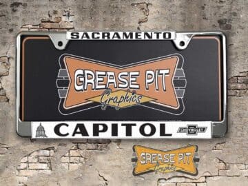 A vintage style reproduction dealership license plate frame for the Capitol Chevrolet dealership of Sacramento. This reproduction dealership license plate frame will look great bolted on to your Classic Chevy whether it’s a Cruiser, a Hot Rod or a Muscle Car.