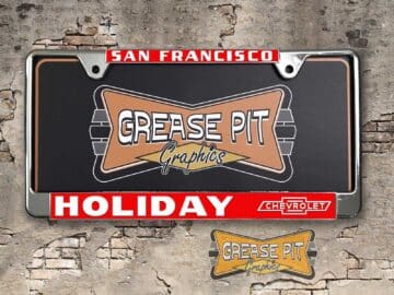 A vintage style reproduction dealership license plate frame for the Holiday Chevrolet dealership of San Francisco, California . This reproduction dealership license plate frame will look great bolted on to your Classic Chevy whether it’s a Cruiser, a Hot Rod or a Muscle Car..