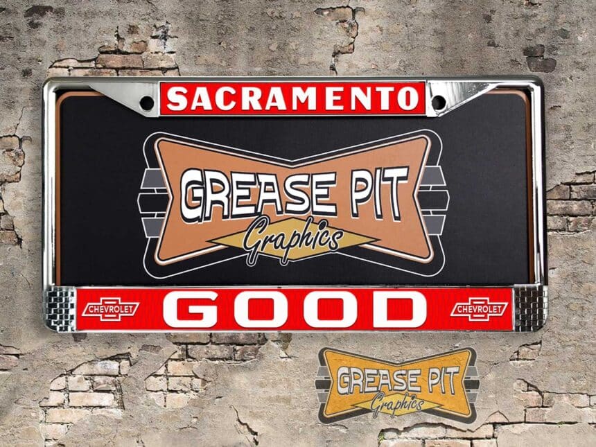 A vintage style reproduction Good Chevrolet license plate frame from the defunct dealership of Sacramento, California . This reproduction dealership license plate frame will look great bolted on to your Classic Chevy whether it’s a Cruiser, a Hot Rod or a Muscle Car.
