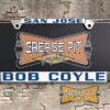 A vintage style reproduction dealership license plate frame for the Bob Coyle Chevrolet dealership of San Jose. This reproduction dealership license plate frame will look great bolted on to your Classic Chevy whether it’s a Cruiser, a Hot Rod or a Muscle Car.
