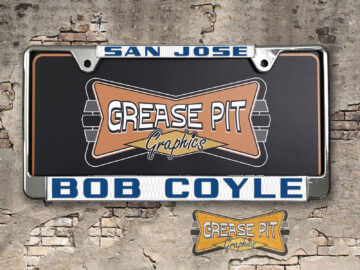 A vintage style reproduction dealership license plate frame for the Bob Coyle Chevrolet dealership of San Jose. This reproduction dealership license plate frame will look great bolted on to your Classic Chevy whether it’s a Cruiser, a Hot Rod or a Muscle Car.