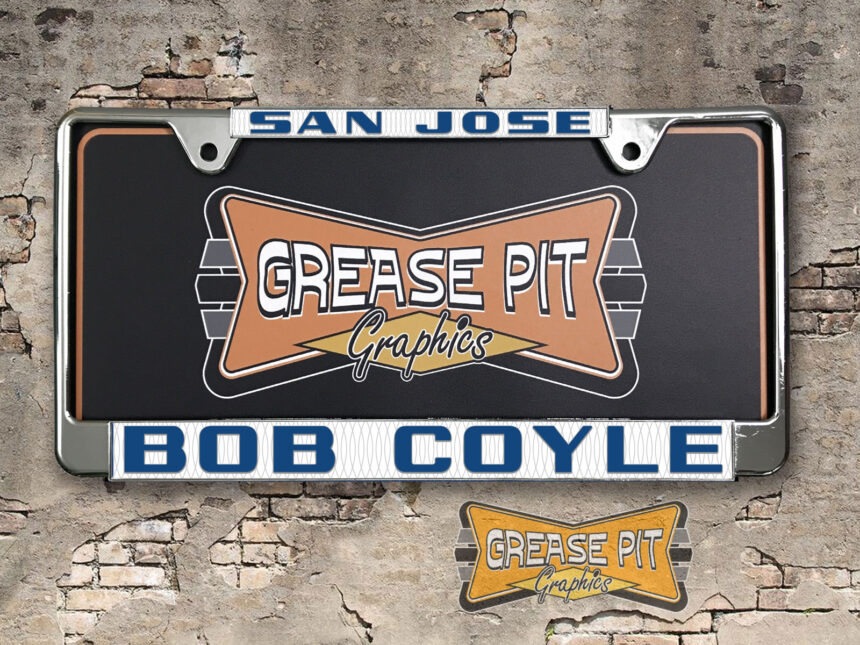 A vintage style reproduction dealership license plate frame for the Bob Coyle Chevrolet dealership of San Jose. This reproduction dealership license plate frame will look great bolted on to your Classic Chevy whether it’s a Cruiser, a Hot Rod or a Muscle Car.