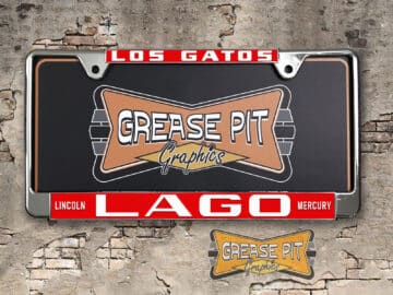 A vintage style reproduction dealership license plate frame for the Lago Lincoln Mercury dealership of Los Gatos. This reproduction dealership license plate frame will look great bolted on to your Classic Chevy whether it’s a Cruiser, a Hot Rod or a Muscle Car.