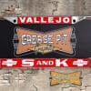 A vintage style reproduction dealership license plate frame for the S and K Chevrolet dealership of Vallejo. This reproduction dealership license plate frame will look great bolted on to your Classic Chevy whether it’s a Cruiser, a Hot Rod or a Muscle Car.