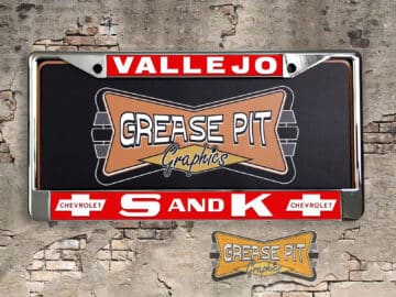 A vintage style reproduction dealership license plate frame for the S and K Chevrolet dealership of Vallejo. This reproduction dealership license plate frame will look great bolted on to your Classic Chevy whether it’s a Cruiser, a Hot Rod or a Muscle Car.