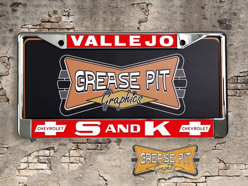 A vintage style reproduction dealership license plate frame for the S and K Chevrolet dealership of Vallejo. This reproduction dealership license plate frame will look great bolted on to your Classic Chevy whether it’s a Cruiser, a Hot Rod or a Muscle Car.