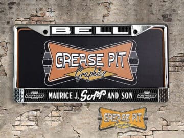 A vintage style reproduction dealership license plate frame for the Sopp and Son Chevrolet dealership of Bell. This reproduction dealership license plate frame will look great bolted on to your Classic Chevy whether it’s a Cruiser, a Hot Rod or a Muscle Car.