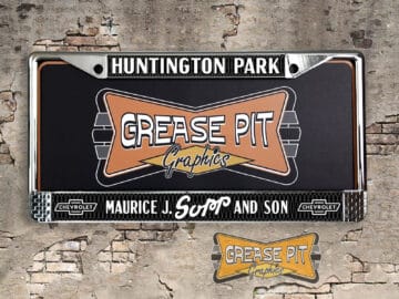 A vintage style reproduction dealership license plate frame for the Sopp and Son Chevrolet dealership of Huntington Park. This reproduction dealership license plate frame will look great bolted on to your Classic Chevy whether it’s a Cruiser, a Hot Rod or a Muscle Car.