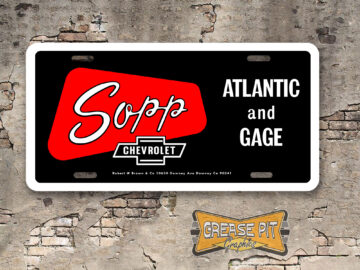 A newly produced vintage style tribute Sopp Chevrolet Atlantic and Gage Bell License Plate for your Hot Rod, Vintage Classic car, or Muscle car.