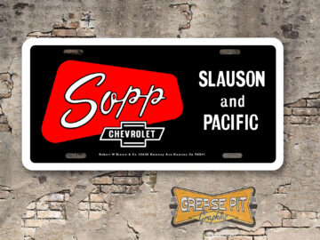 A newly produced vintage style tribute Sopp Chevrolet Slauson and Pacific Huntington Park License Plate for your Hot Rod, Vintage Classic car, or Muscle car.