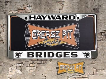 A vintage style reproduction dealership license plate frame for the Bridges Pontiac dealership of Hayward, California. This reproduction dealership license plate frame will look great bolted on to your Classic Pontiac whether it's a Cruiser, a Hot Rod or a Muscle Car.