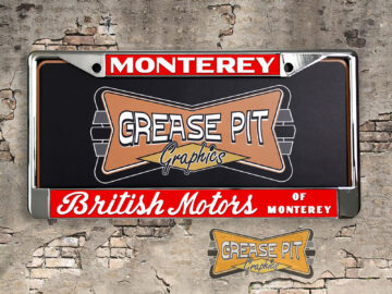 A vintage style reproduction dealership license plate frame for the British Motors of Monterey License Plate Frame. This reproduction dealership license plate frame will look great bolted on to your Classic Sports Car or Sedan whether it’s a Jaguar, MG, Triumph or Austin-Healey.