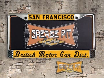 A vintage style reproduction dealership license plate frame for the British Motor Cars Distributors dealership of San Francisco. This reproduction dealership license plate frame will look great bolted on to your Classic Sports Car or Sedan whether it’s a Jaguar, MG, Triumph or Austin-Healey.