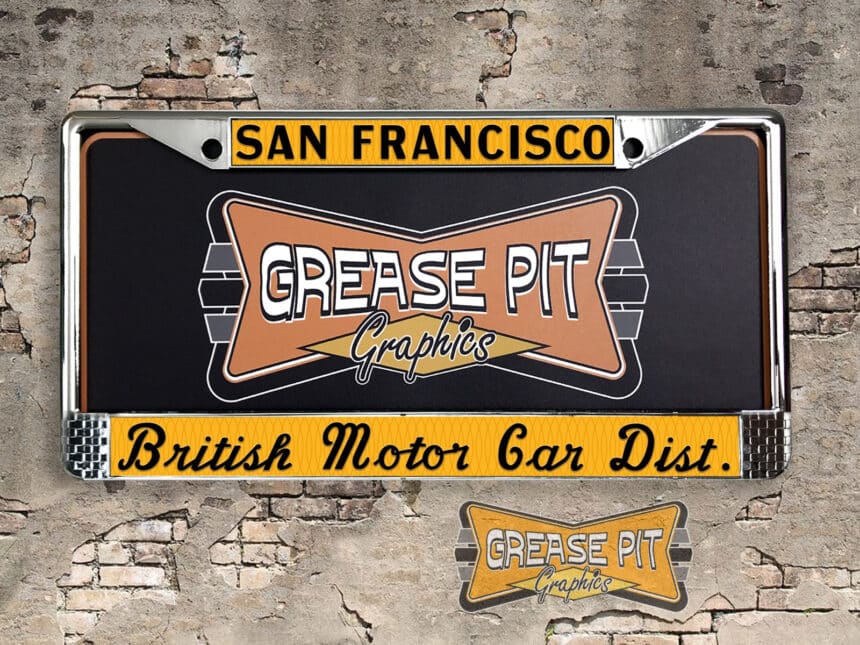 A vintage style reproduction dealership license plate frame for the British Motor Cars Distributors dealership of San Francisco. This reproduction dealership license plate frame will look great bolted on to your Classic Sports Car or Sedan whether it’s a Jaguar, MG, Triumph or Austin-Healey.