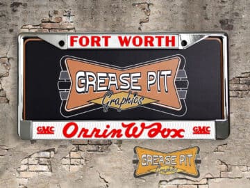A vintage style reproduction dealership license plate frame for the Orrin W Fox GMC Dealership of Fort Worth, Texas. This reproduction dealership license plate frame will look great bolted on to your Classic GMC whether it's a Cruiser or a Hot Rod.
