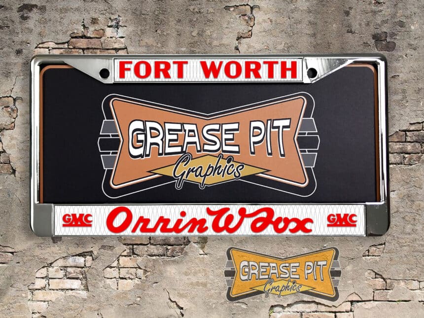 A vintage style reproduction dealership license plate frame for the Orrin W Fox GMC Dealership of Fort Worth, Texas. This reproduction dealership license plate frame will look great bolted on to your Classic GMC whether it's a Cruiser or a Hot Rod.