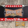 A vintage style reproduction dealership license plate frame for the Orrin W Fox GMC Dealership of Pasadena. This reproduction dealership license plate frame will look great bolted on to your Classic GMC whether it's a Cruiser or a Hot Rod.