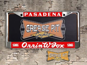A vintage style reproduction dealership license plate frame for the Orrin W Fox GMC Dealership of Pasadena. This reproduction dealership license plate frame will look great bolted on to your Classic GMC whether it's a Cruiser or a Hot Rod.