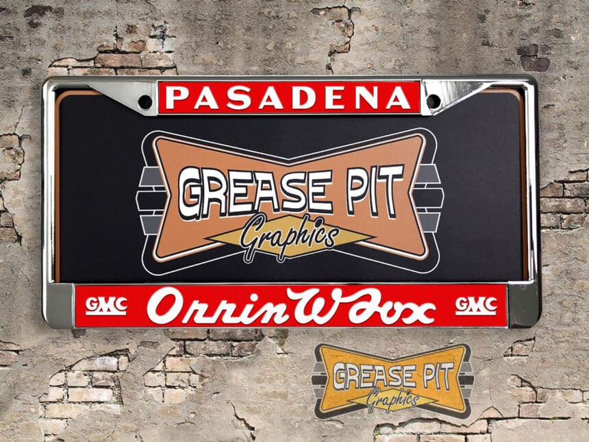 A vintage style reproduction dealership license plate frame for the Orrin W Fox GMC Dealership of Pasadena. This reproduction dealership license plate frame will look great bolted on to your Classic GMC whether it's a Cruiser or a Hot Rod.