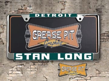 A vintage style reproduction dealership license plate frame for the Stan Long Pontiac dealership of Detroit. This reproduction dealership license plate frame will look great bolted on to your Classic Pontiac whether it's a Cruiser, a Hot Rod or a Muscle Car.