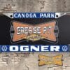 A newly produced vintage style Ogner Volkswagen VW Canoga Park California reproduction dealership license plate frame for your Hot Rod, Vintage Classic car, or Muscle car.