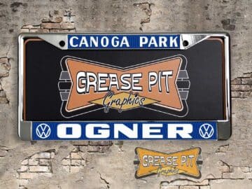 A newly produced vintage style Ogner Volkswagen VW Canoga Park California reproduction dealership license plate frame for your Hot Rod, Vintage Classic car, or Muscle car.