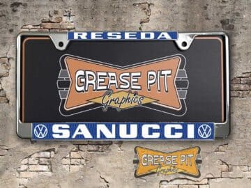 A newly produced vintage style Sanucci VW Volkswagen reproduction dealership license plate frame for your Hot Rod, Vintage Classic car, or Muscle car.